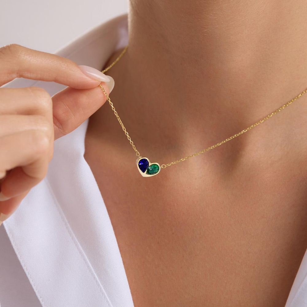 Minimalist Heart Two Birthstone 925 Sterling Silver Necklace Gift for Her