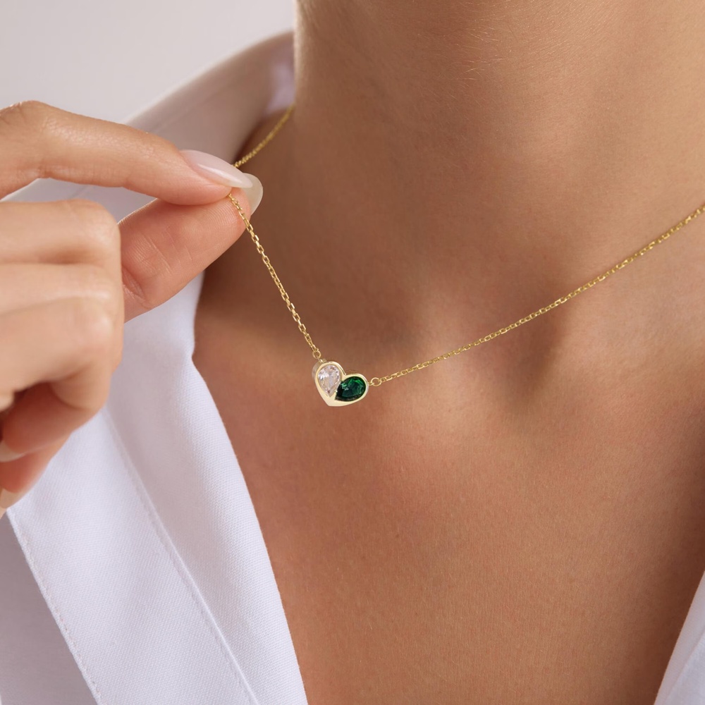 Minimalist Heart Two Birthstone 925 Sterling Silver Necklace Gift for Her