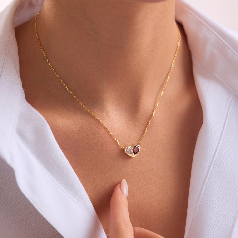 Minimalist Heart Two Birthstone 925 Sterling Silver Necklace Gift for Her