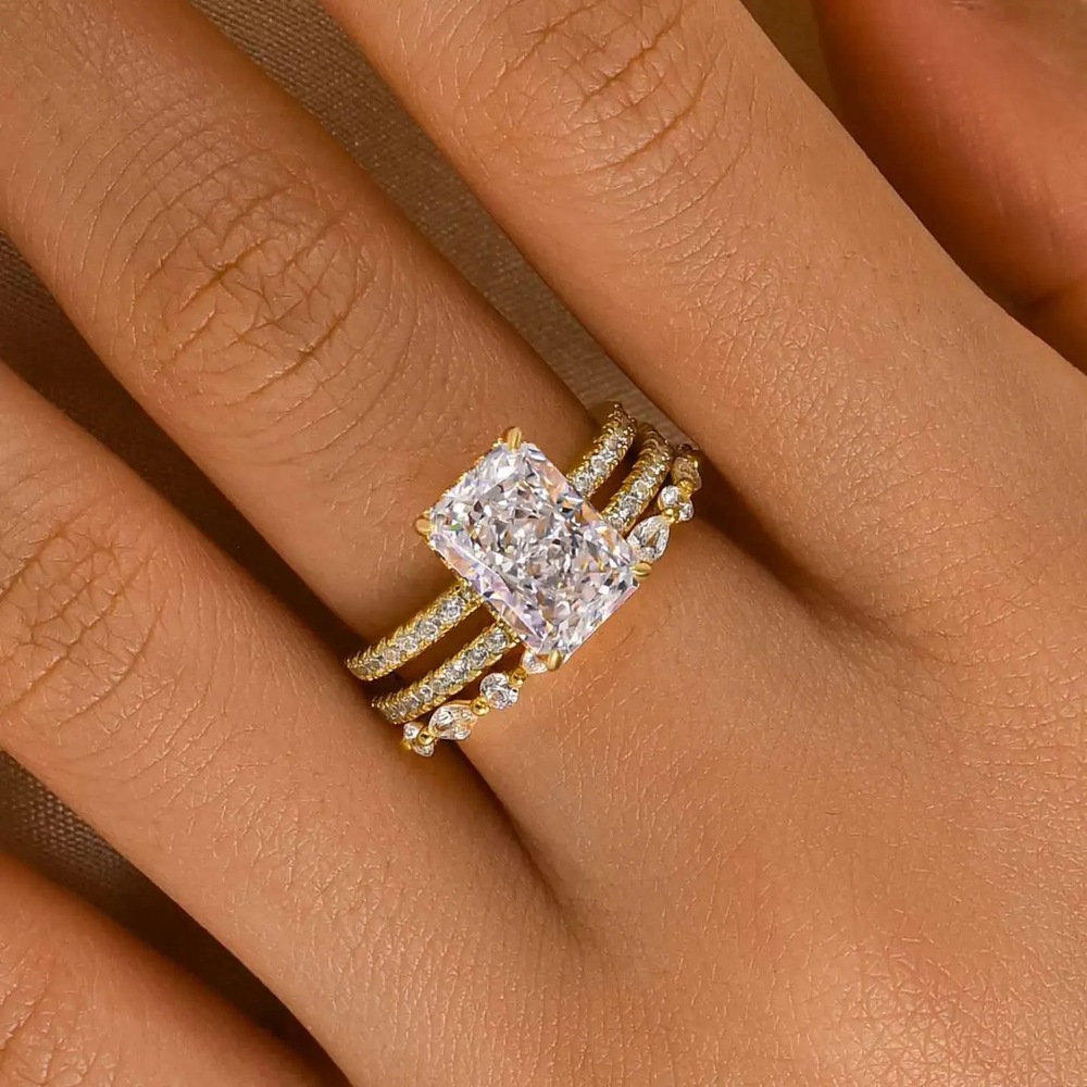 Radiant Cut Diamond White Sterling Silver Stackable Bridal Ring Sets