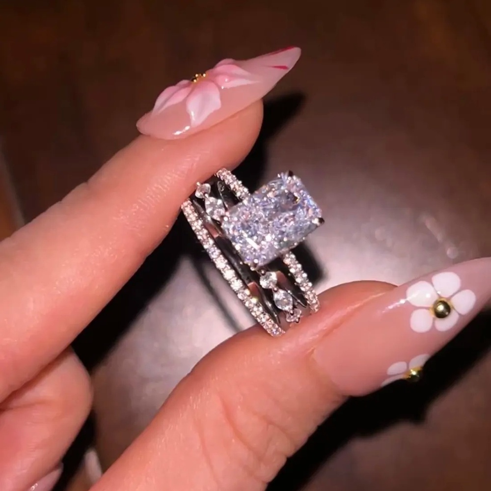 Radiant Cut Diamond White Sterling Silver Stackable Bridal Ring Sets