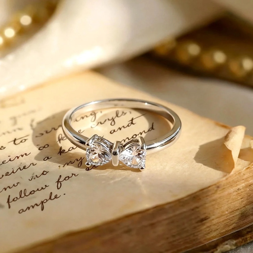 Heart Cut Diamond White 925 Sterling Silver Romantic Bow Engagement Ring