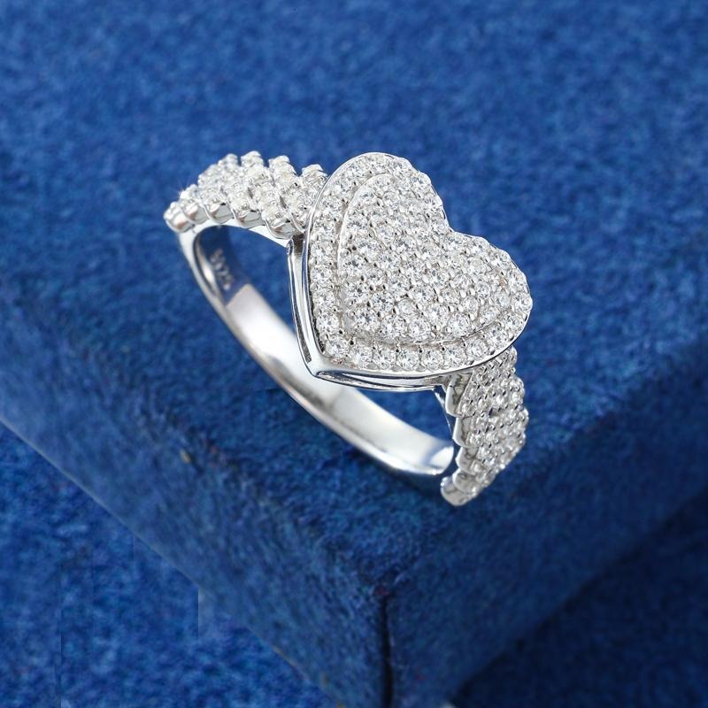Round Cut Diamond White 925 Sterling Silver Pave Heart Halo Engagement Ring for Women