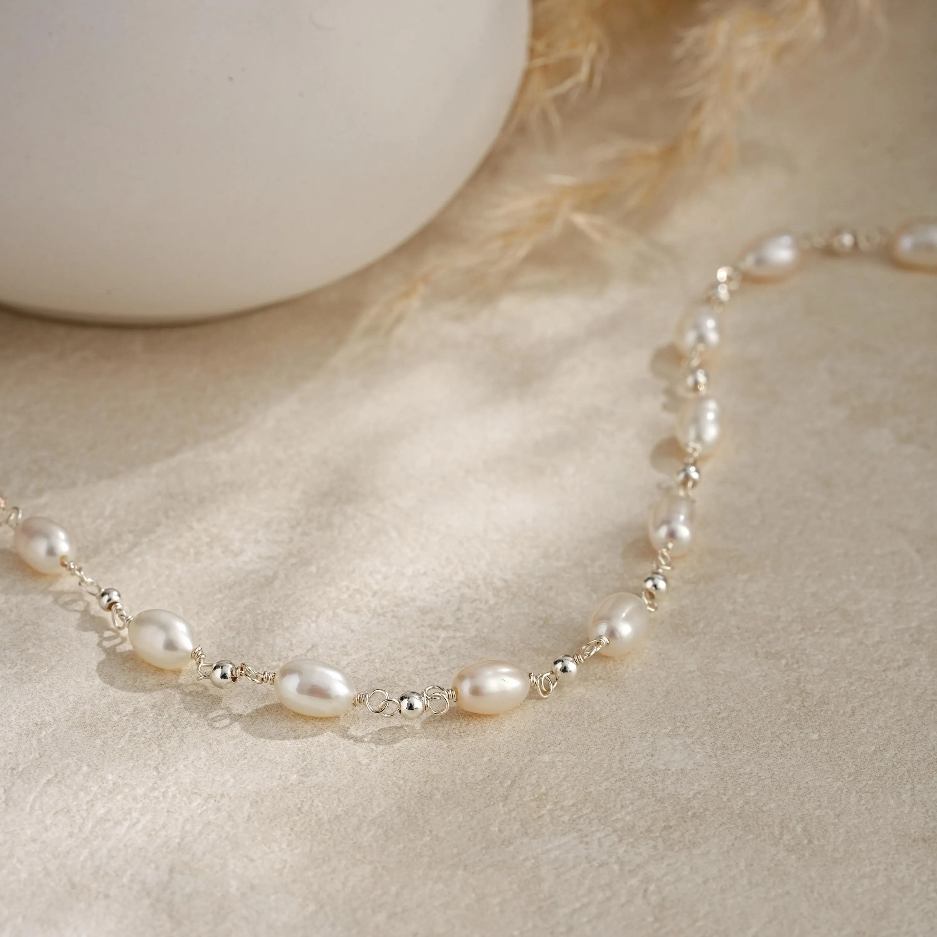 Dainty Freshwater Pearl 925 Sterling Silver Bracelet Minimalist Beaded Chain Bracelet