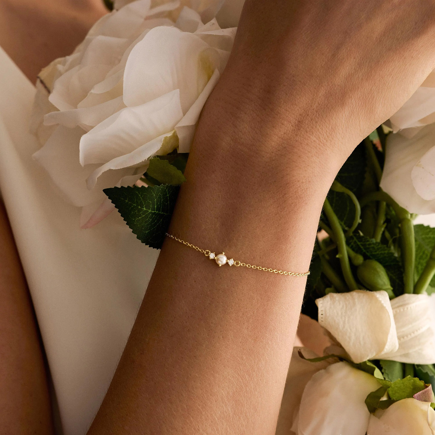 Minimalist Freshwater Pearl Diamond White 925 Sterling Silver Bracelet for Women
