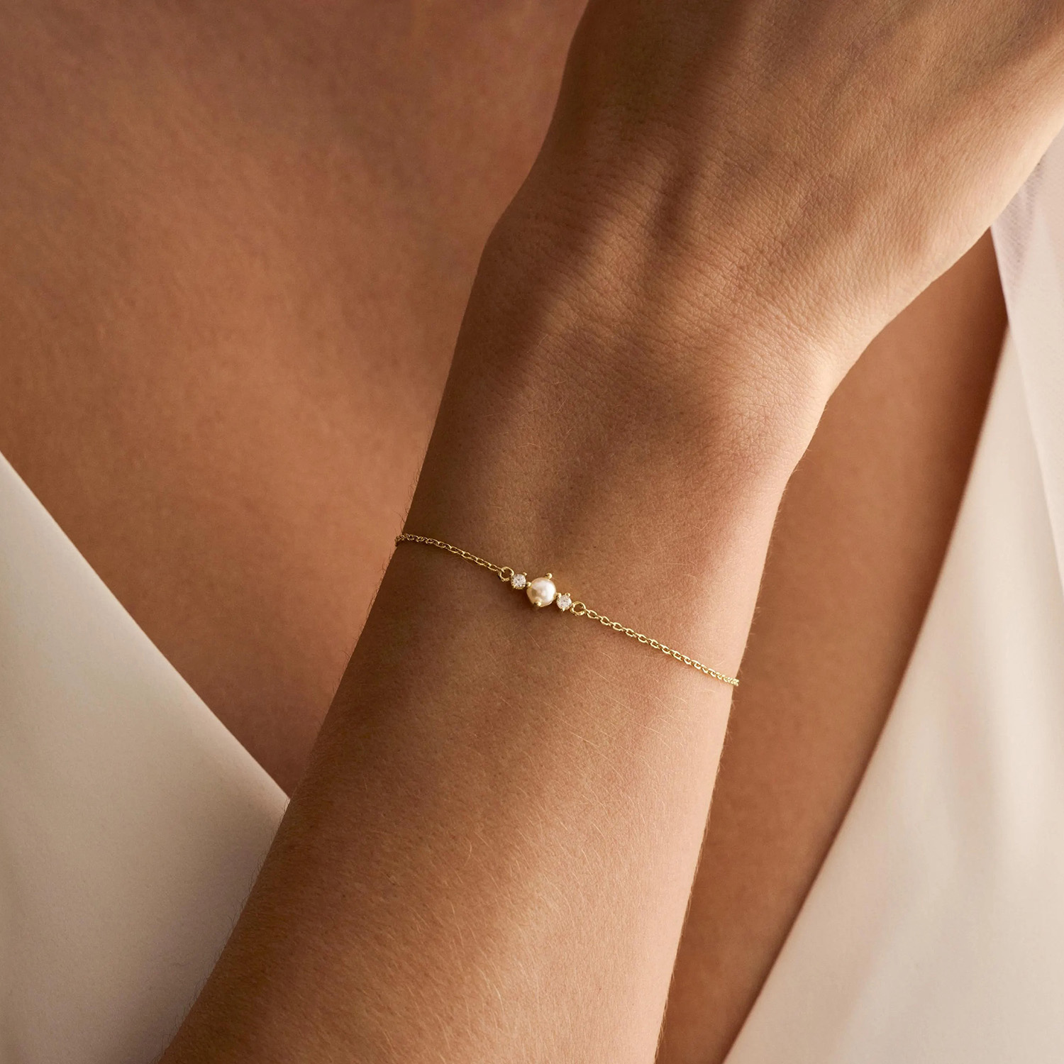 Minimalist Freshwater Pearl Diamond White 925 Sterling Silver Bracelet for Women