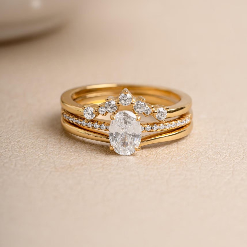 Oval Cut Diamond White Sterling Silver Elegant Crown Bridal Ring Sets