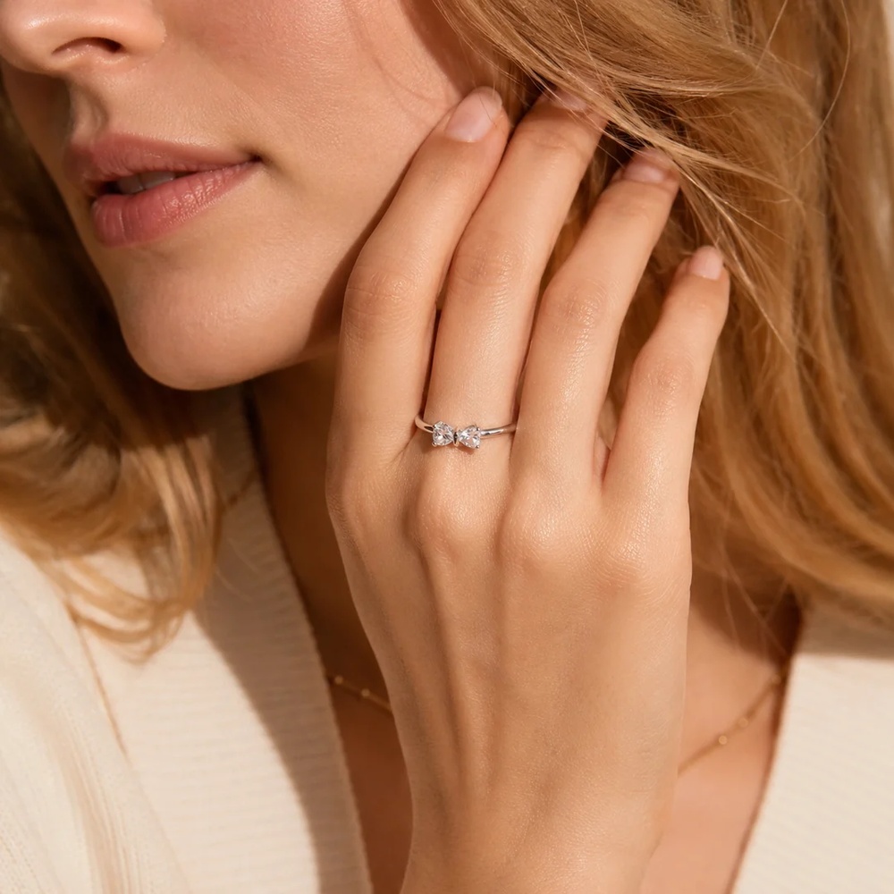 Heart Cut Diamond White 925 Sterling Silver Romantic Bow Engagement Ring