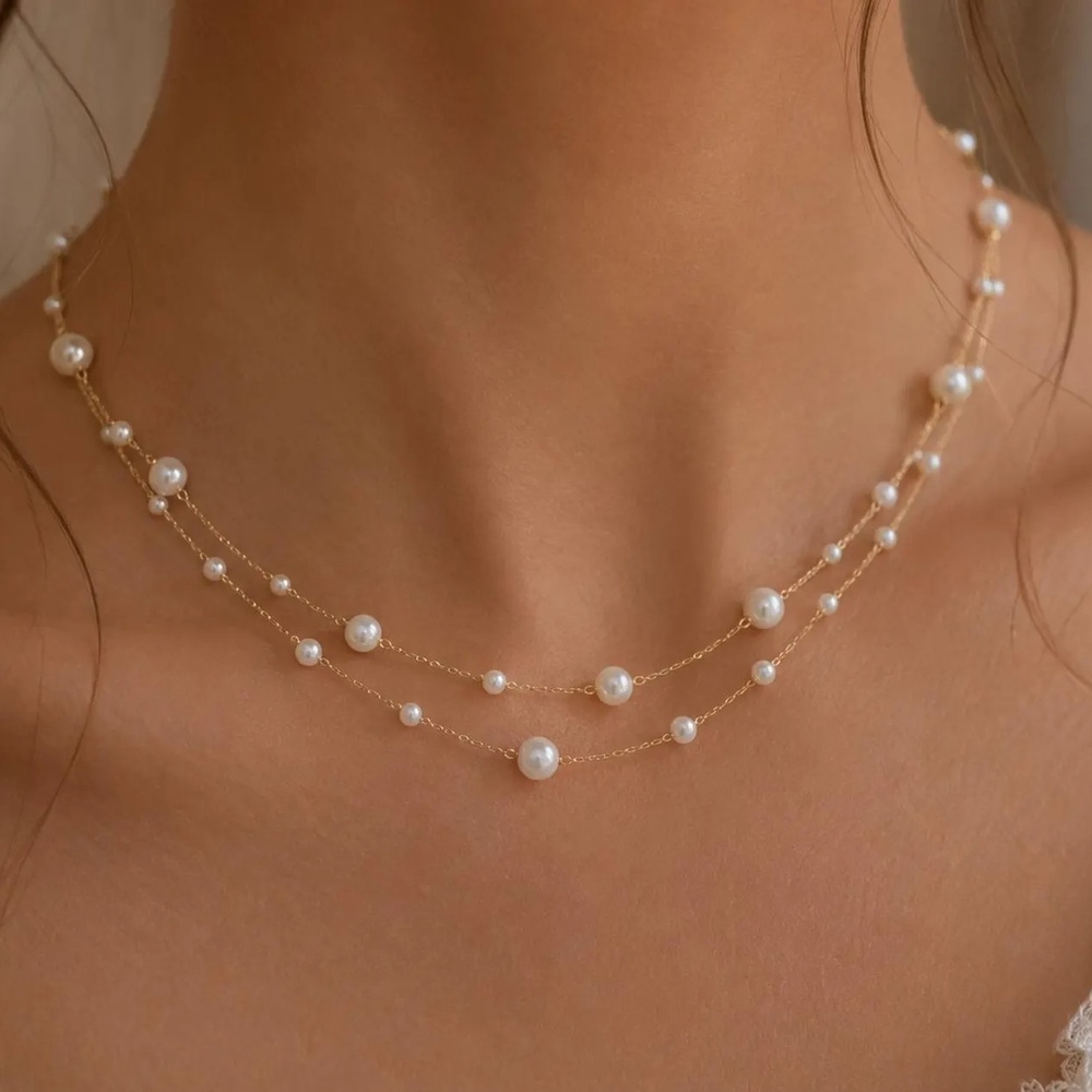 Elegant Double Layer Pearl Necklace 925 Sterling Silver Bridal Jewelry Gift for Her