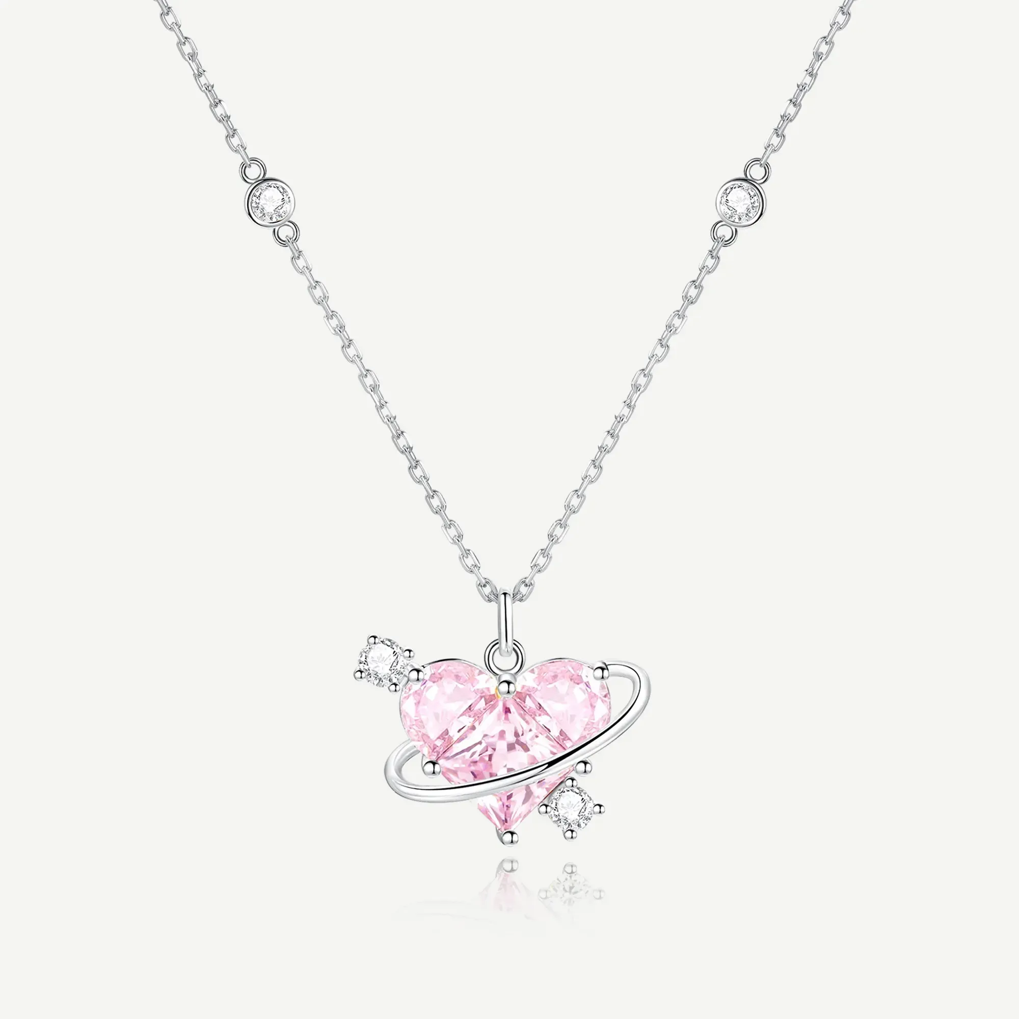 Romantic Heart Cut Fancy Pink 925 Sterling Silver Planet Pendant Necklace