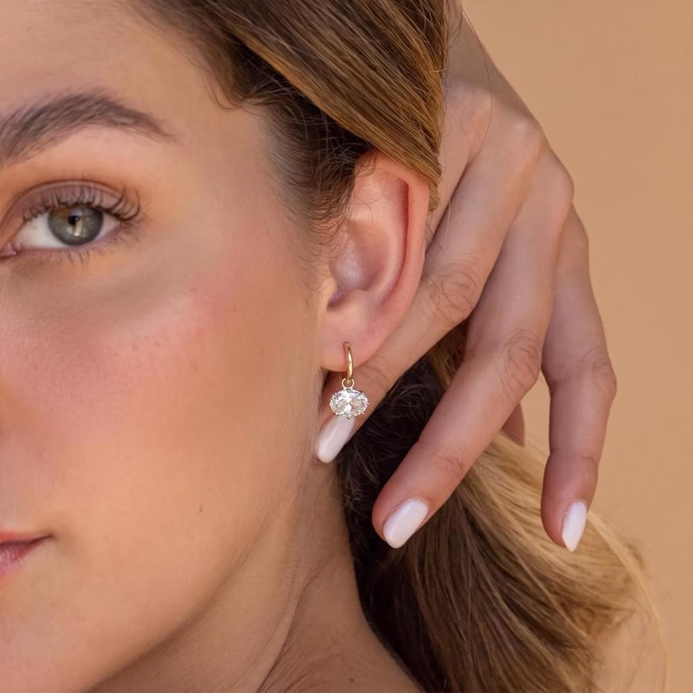 Minimalist Oval Cut Diamond White 925 Sterling Silver Drop Huggie Earrings