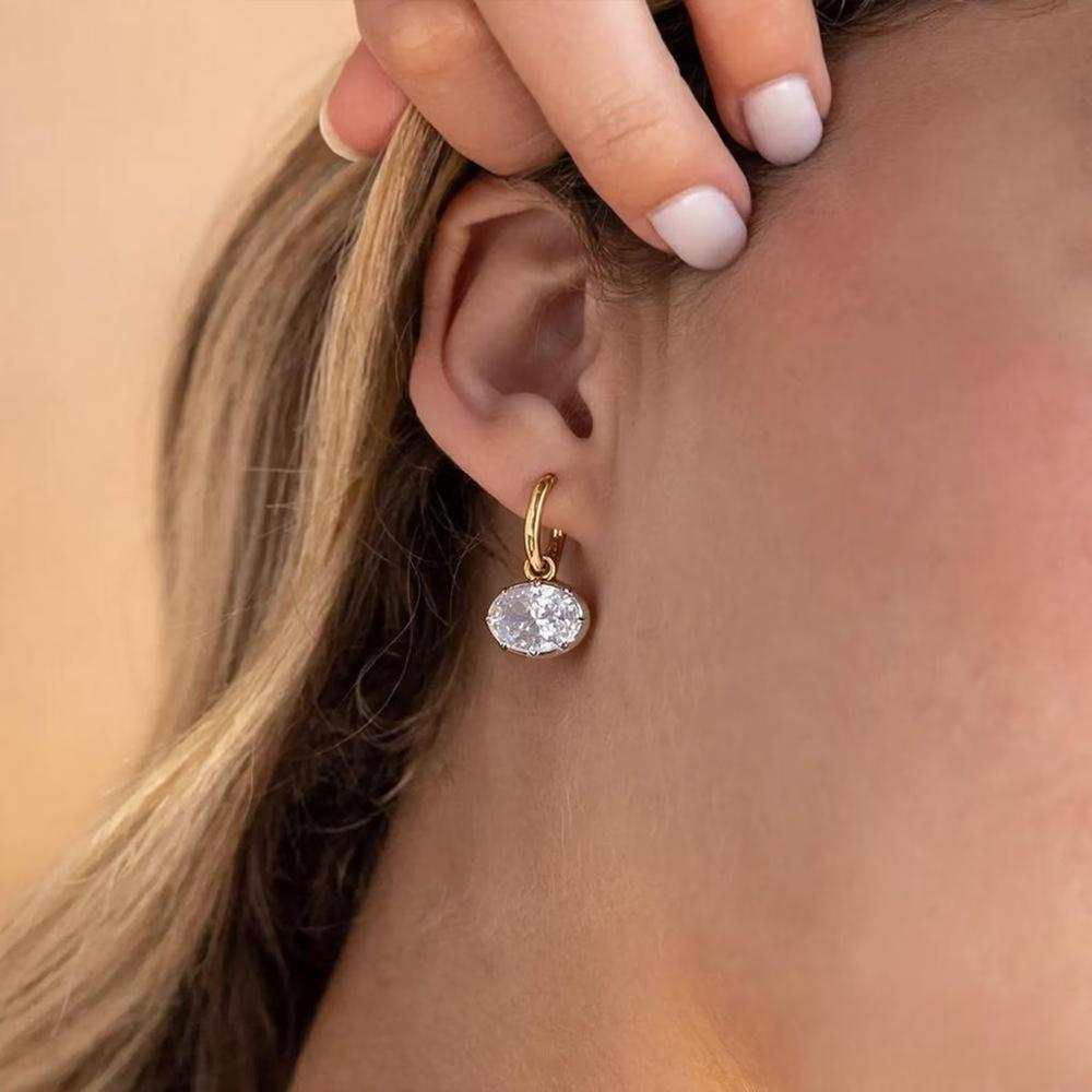 Minimalist Oval Cut Diamond White 925 Sterling Silver Drop Huggie Earrings