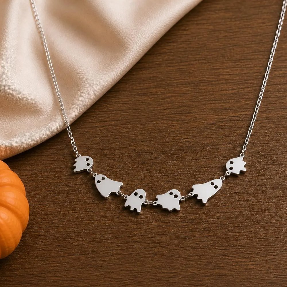 Cute Ghost Dainty Necklace 925 Sterling Silver Halloween Spooky Pendant Funny Gift for Her