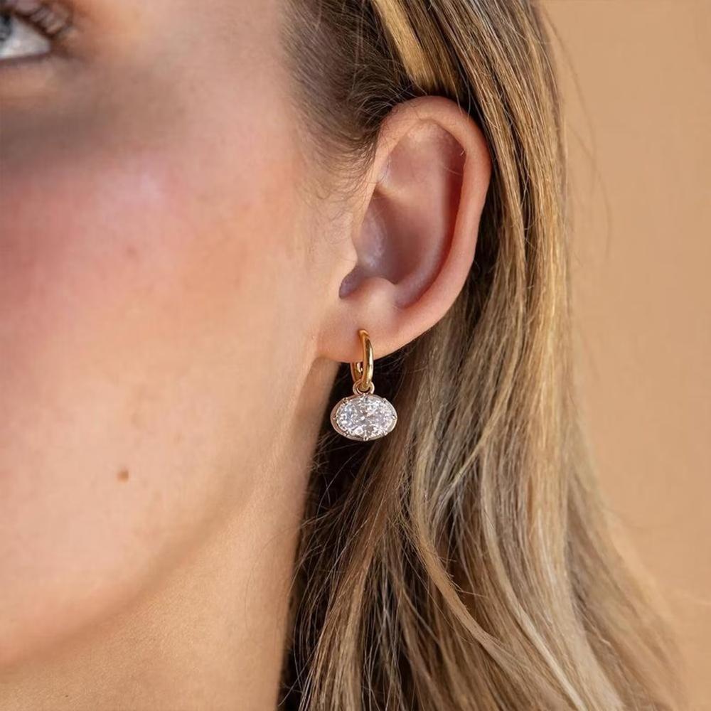 Minimalist Oval Cut Diamond White 925 Sterling Silver Drop Huggie Earrings