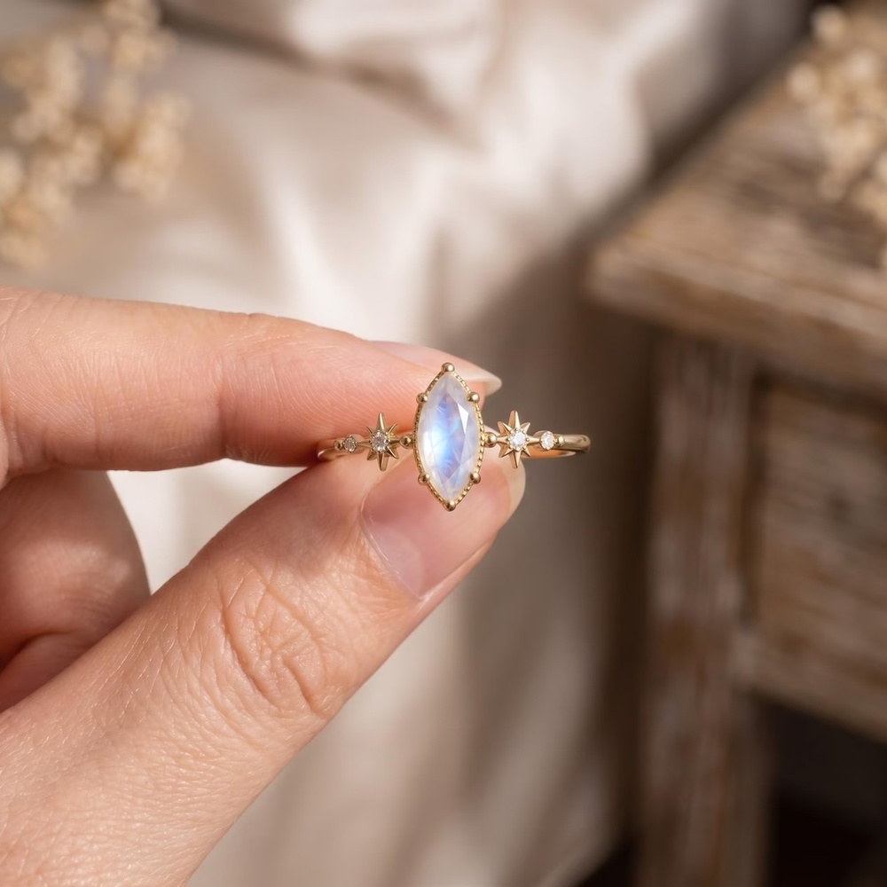 Marquise Cut Diamond White Sterling Silver Celestial Star Moonstone Engagement Ring