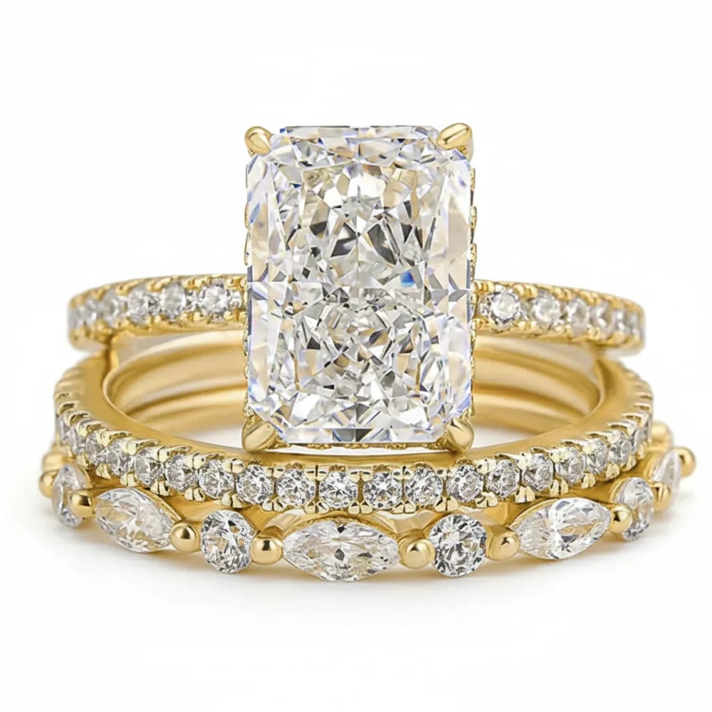 Radiant Cut Diamond White Sterling Silver Stackable Bridal Ring Sets