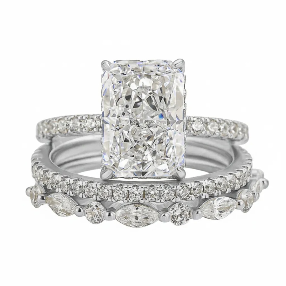 Radiant Cut Diamond White Sterling Silver Stackable Bridal Ring Sets