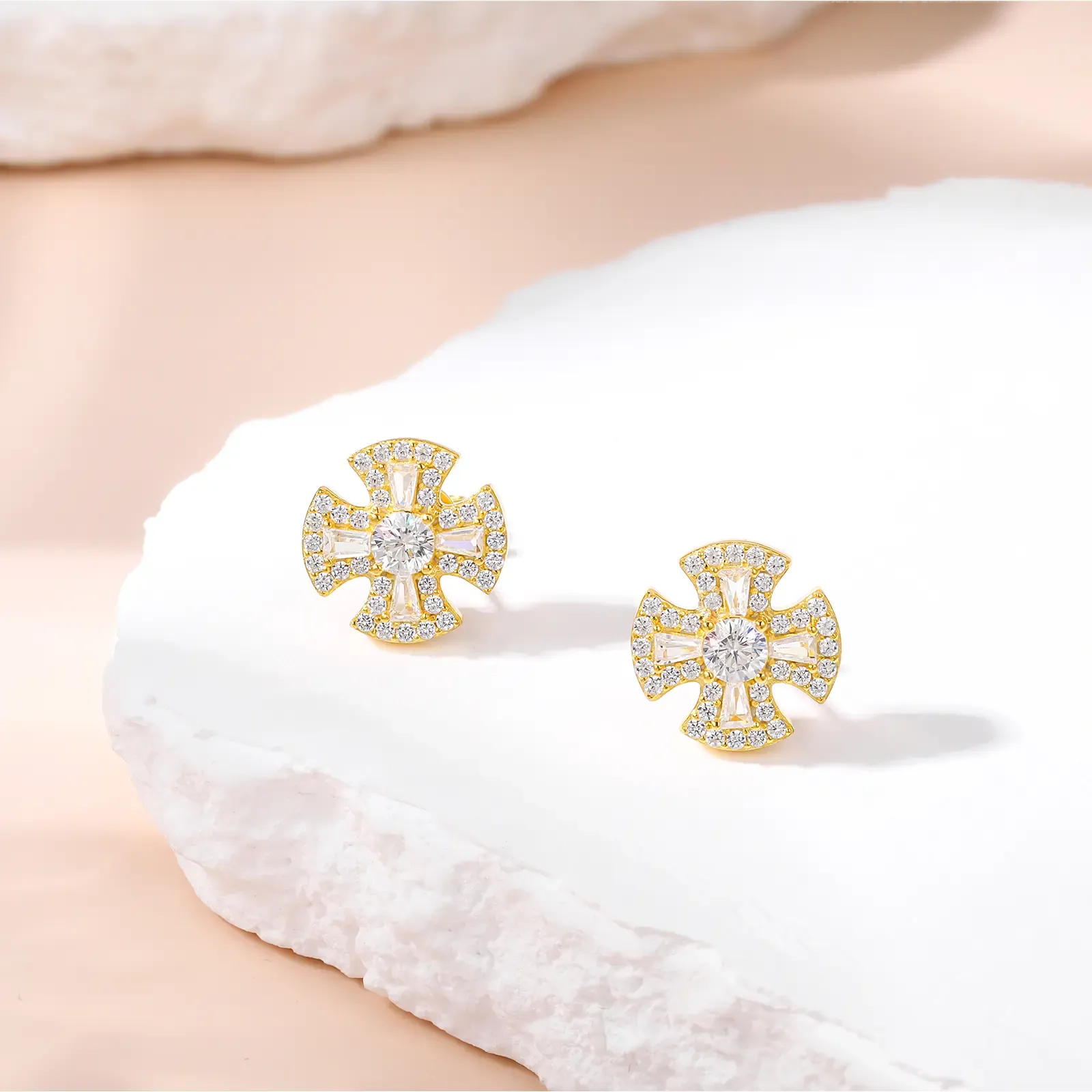 Round Cut Diamond White Sterling Silver Classic Cross Stud Earrings Gift for Her