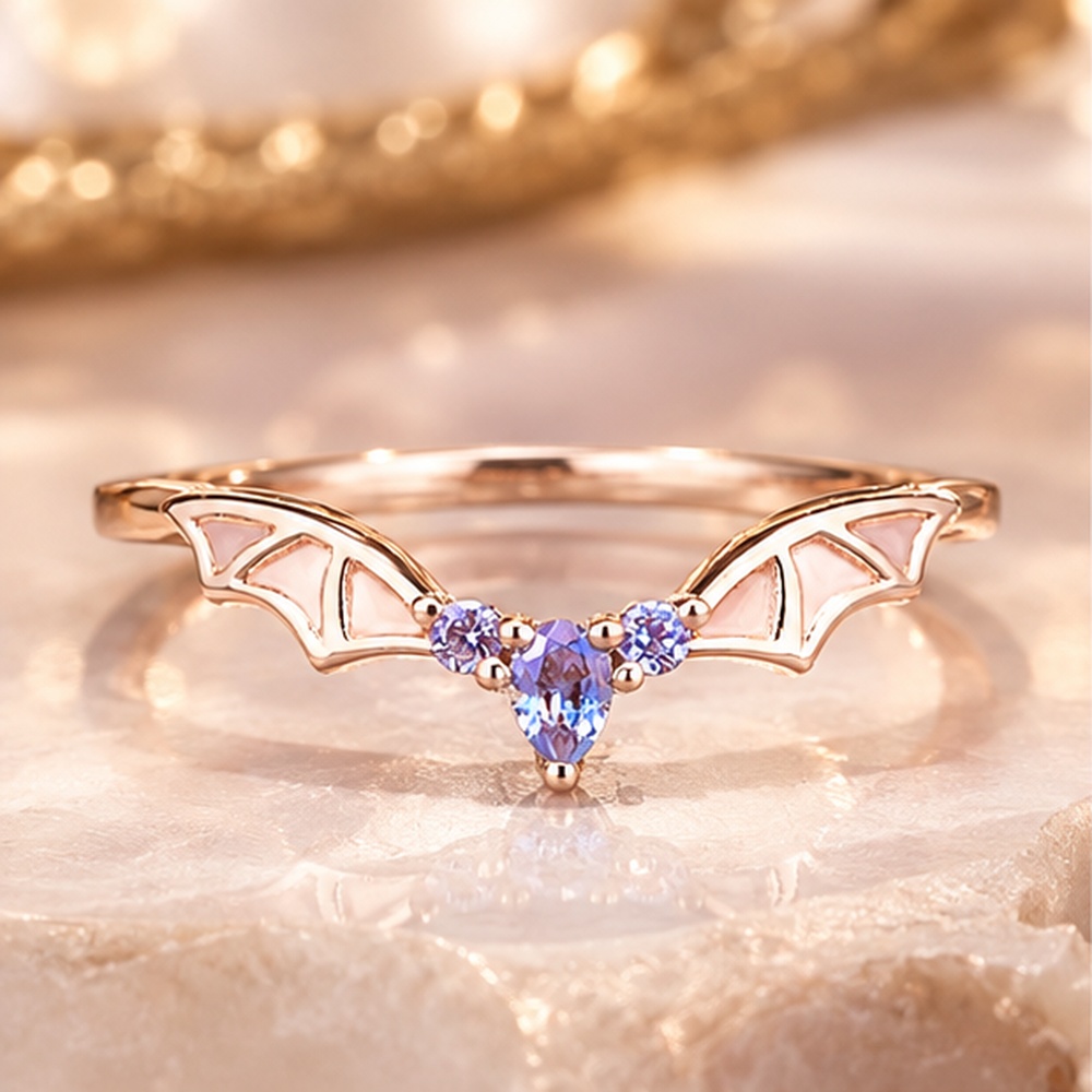 Marquise Cut Amethyst Purple 925 Sterling Silver Rose Gold Bat Wing Gothic Ring