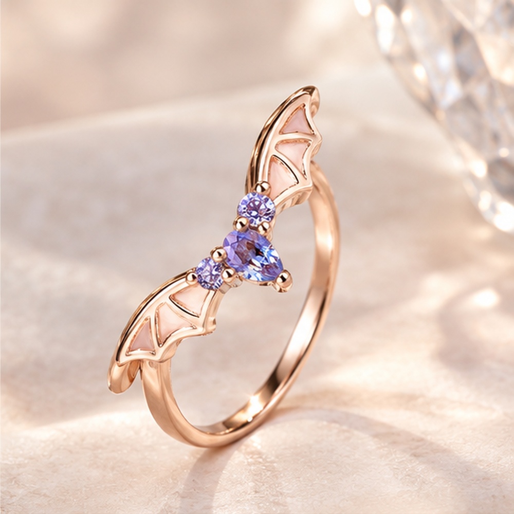 Marquise Cut Amethyst Purple 925 Sterling Silver Rose Gold Bat Wing Gothic Ring