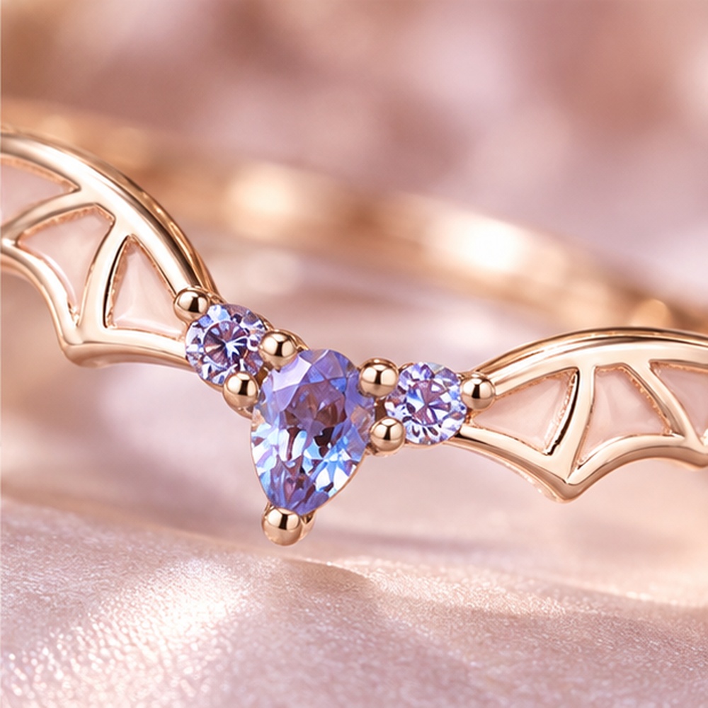 Marquise Cut Amethyst Purple 925 Sterling Silver Rose Gold Bat Wing Gothic Ring