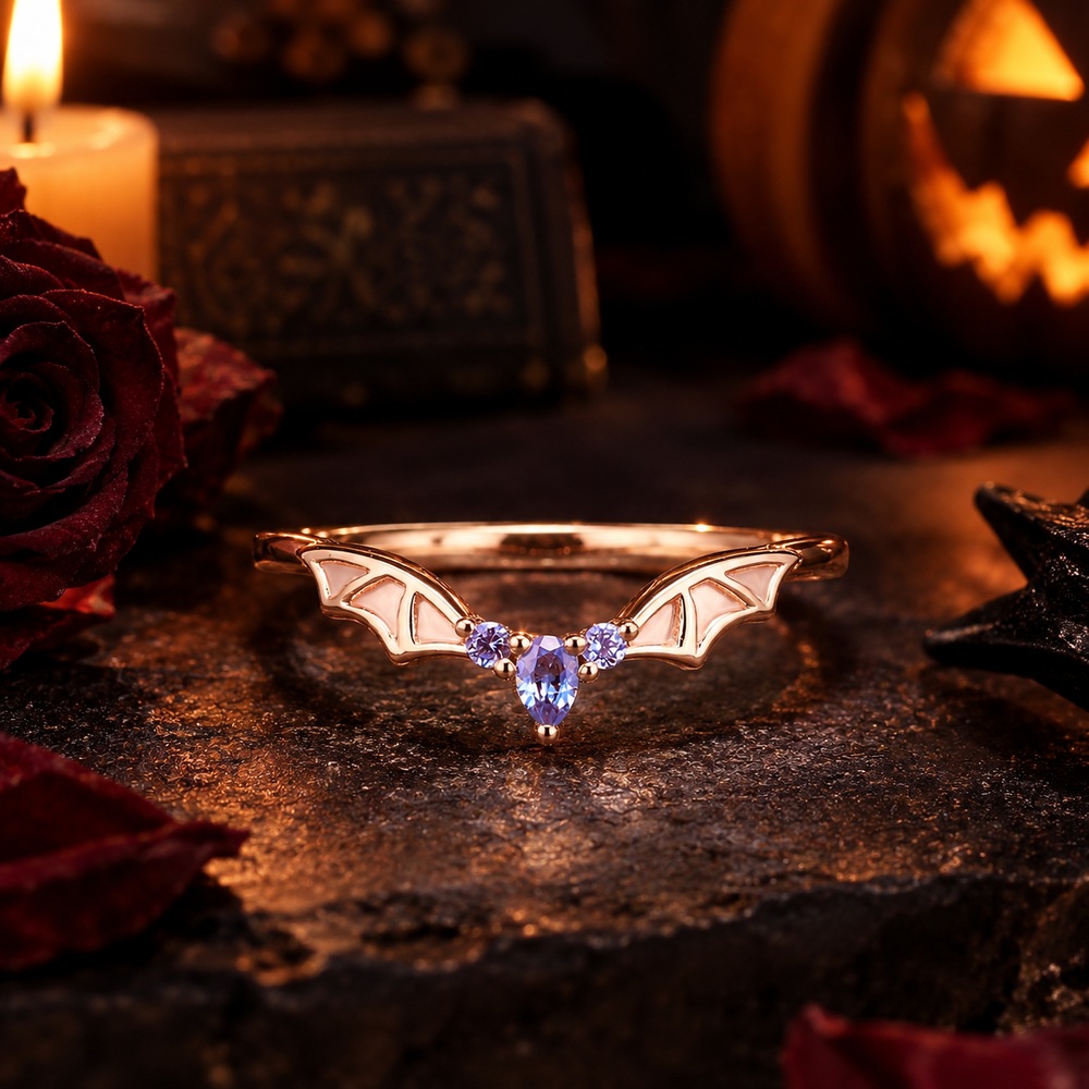 Marquise Cut Amethyst Purple 925 Sterling Silver Rose Gold Bat Wing Gothic Ring