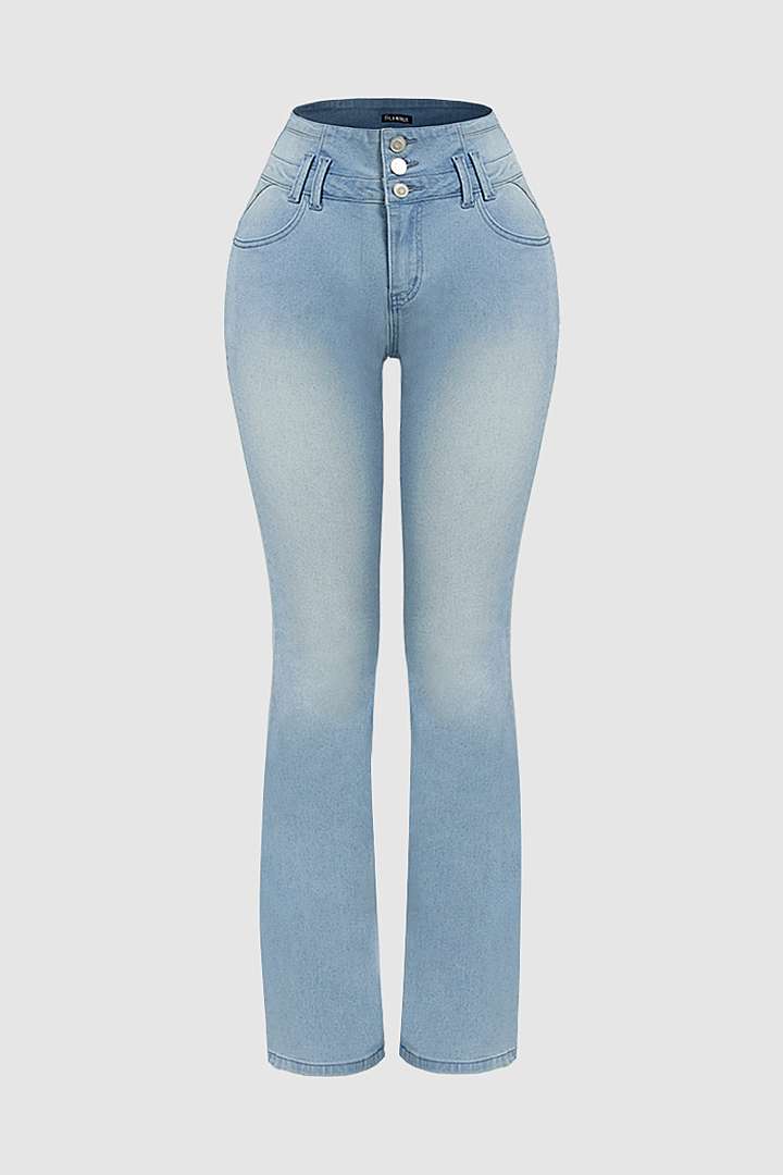 高腰纽扣门襟喇叭牛仔裤 图库 5