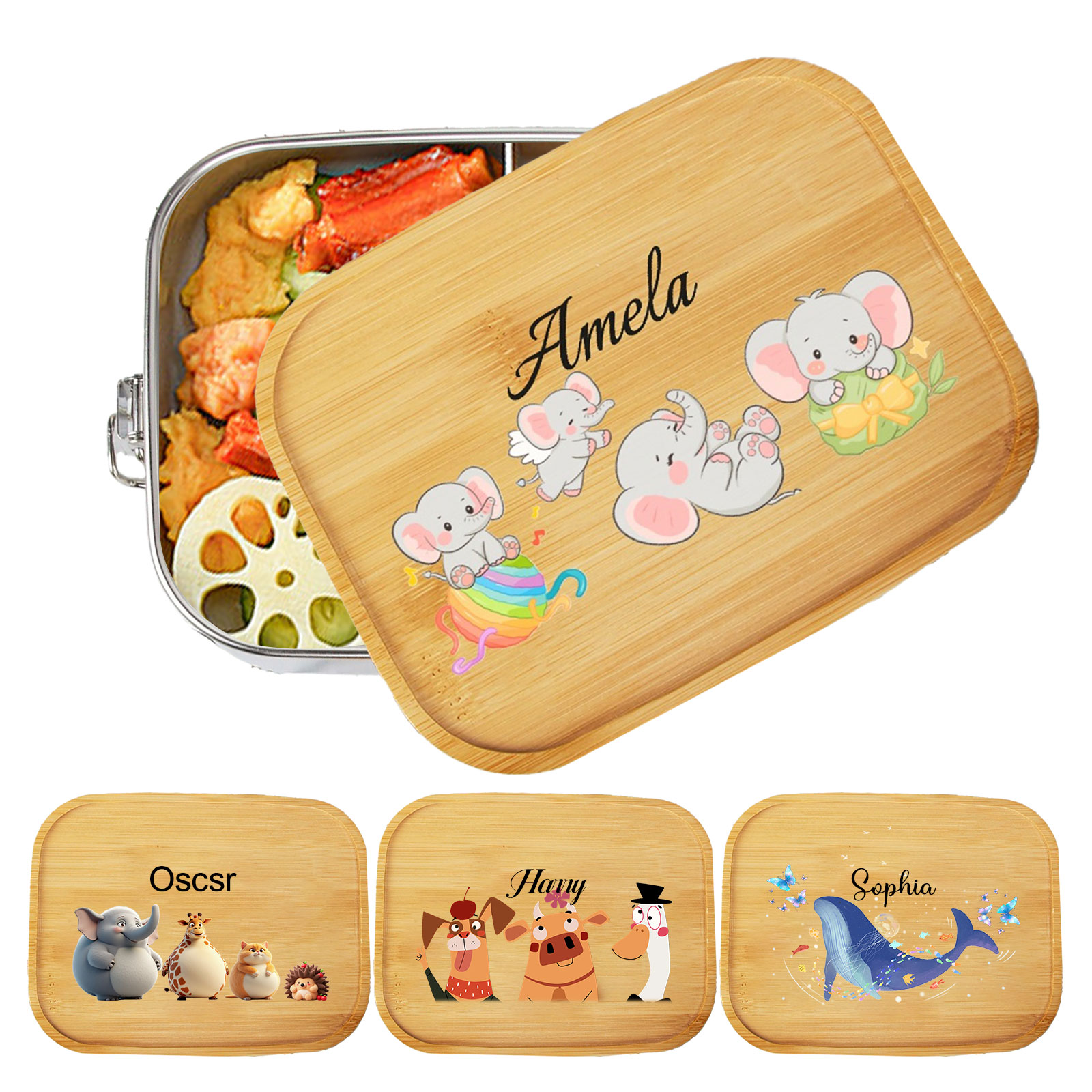 Personalised Stainless Steel Lunch Box with Bamboo Lid