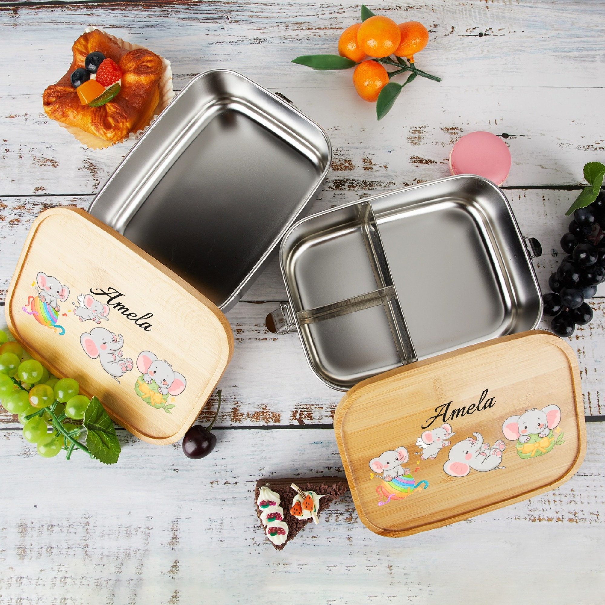 Personalised Stainless Steel Lunch Box with Bamboo Lid
