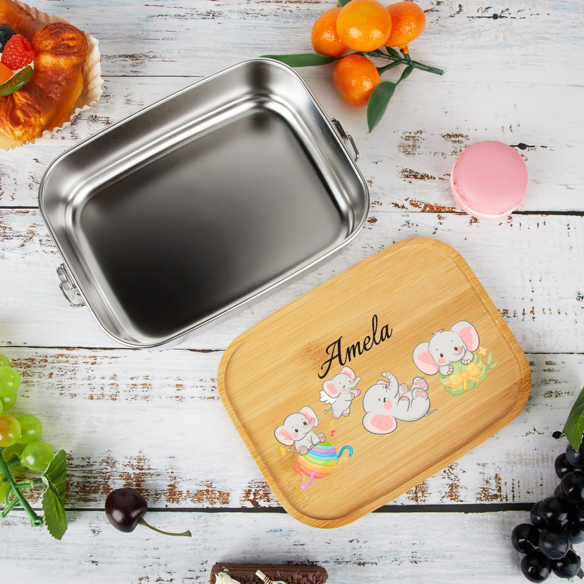 Personalised Stainless Steel Lunch Box with Bamboo Lid