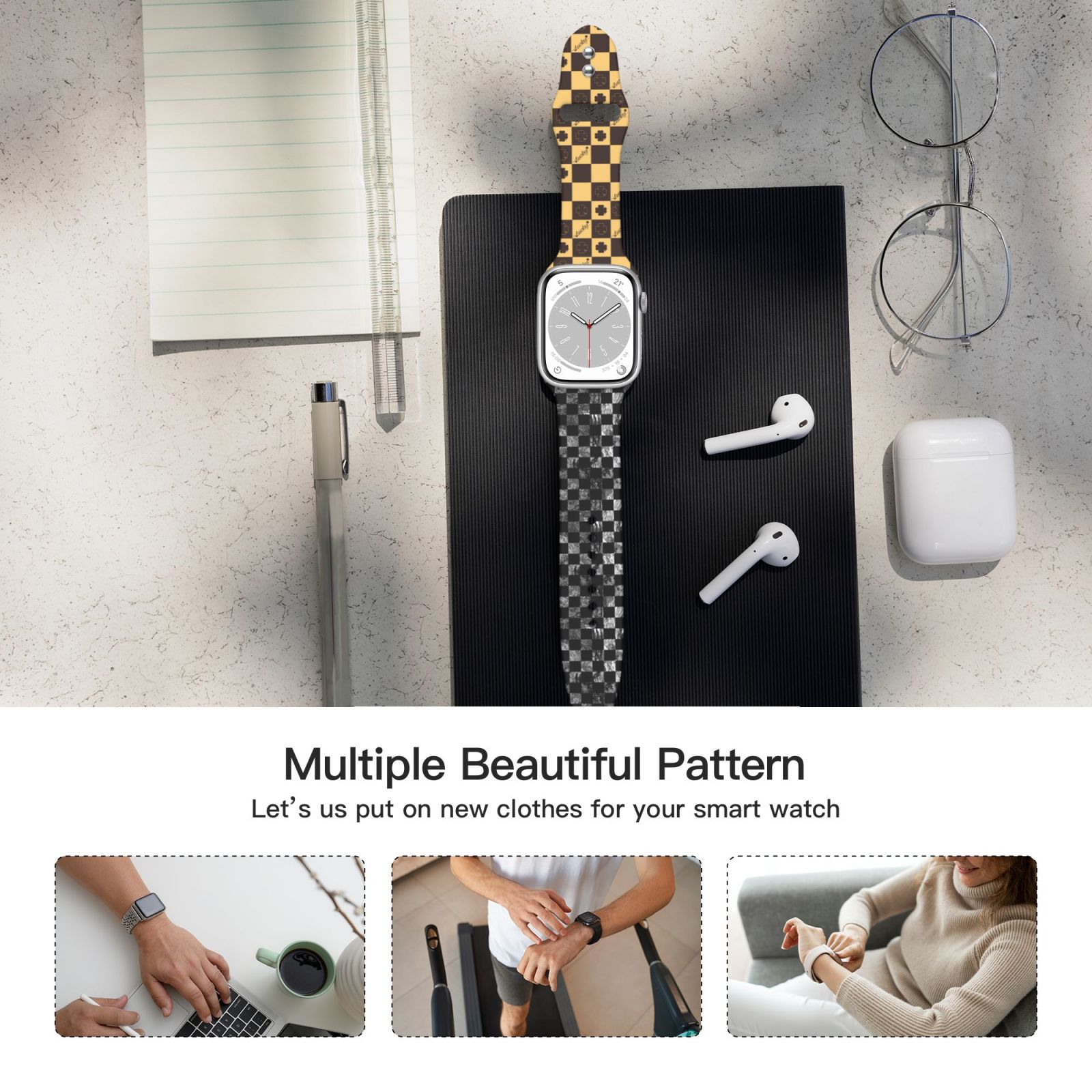 Long Apple Watch Band with Dual Buckle, Stretchy Silicone Strap, Sport Fashion Bands for Women Men 