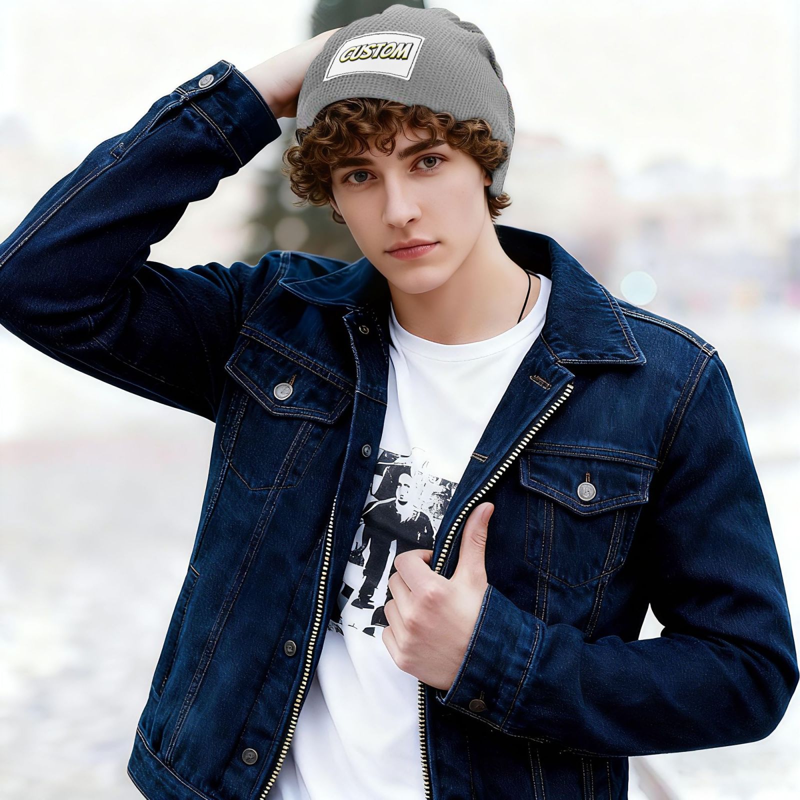 Winter Print Cap Waffle Knit Pullover hat Slouchy Lined  Warm Unisex Knit hat