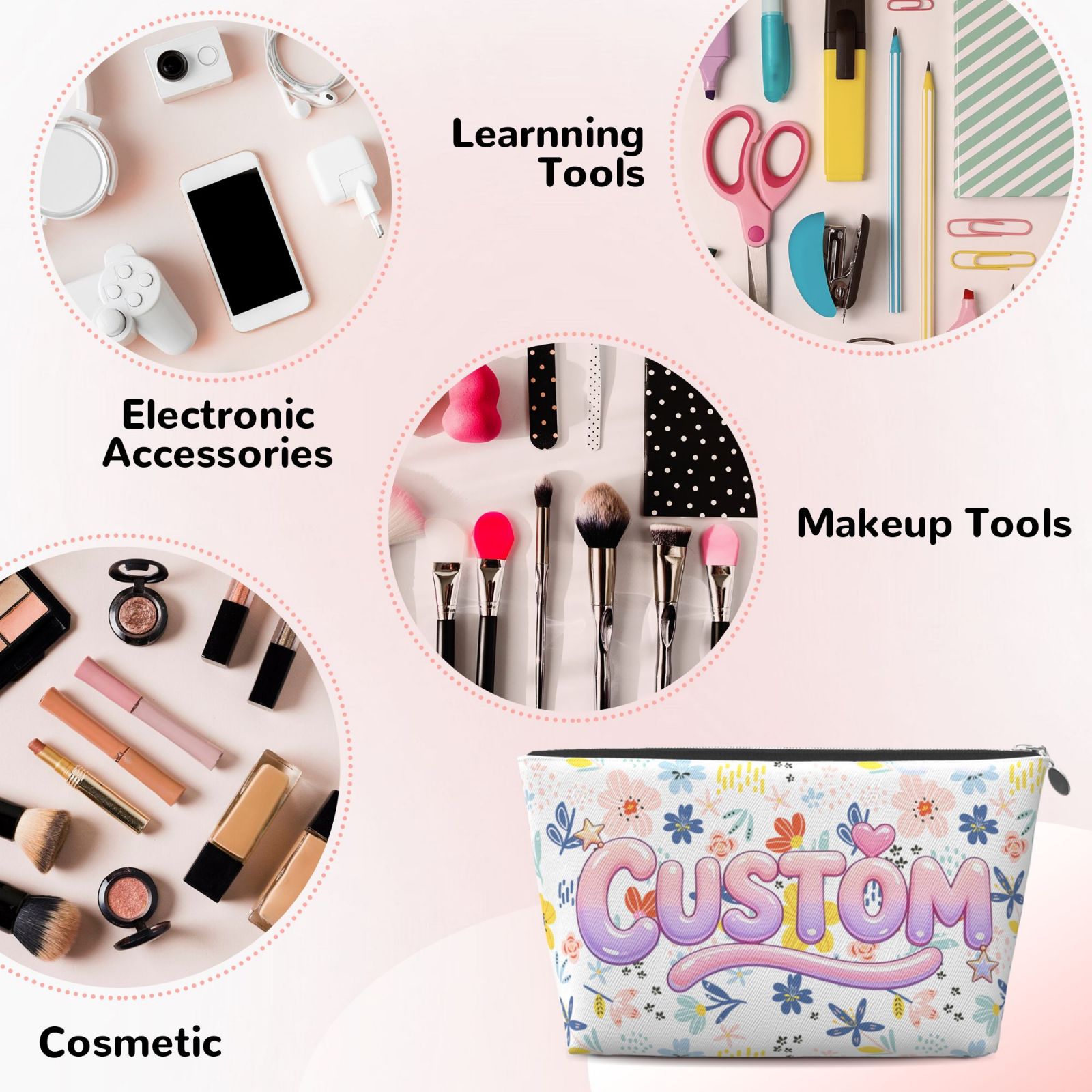 Leather Makeup Brush Bag with Zipper, Portable Travel Cosmetic Organizer Case