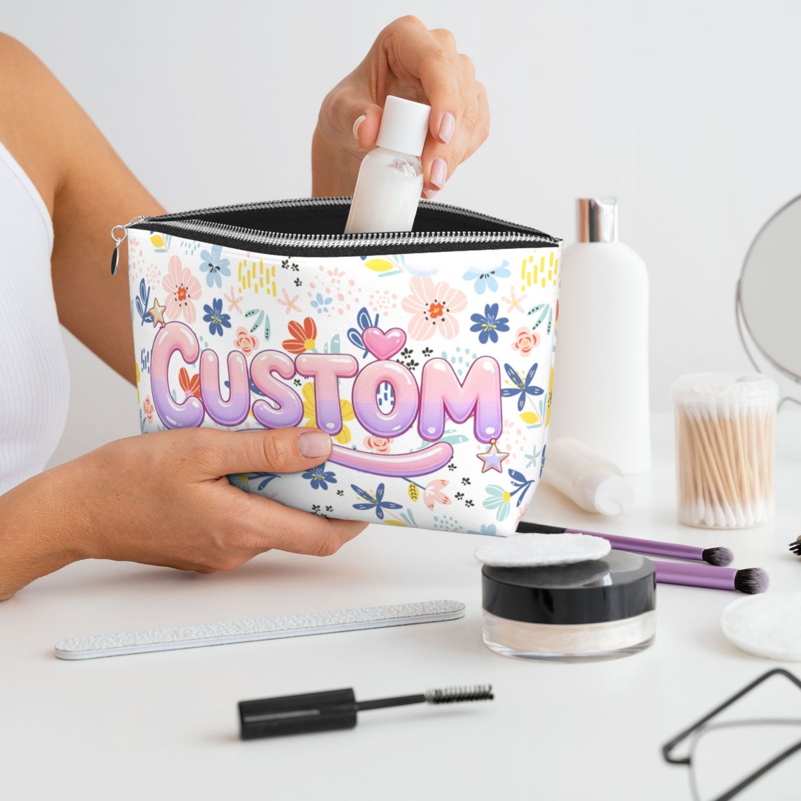 Leather Makeup Brush Bag with Zipper, Portable Travel Cosmetic Organizer Case