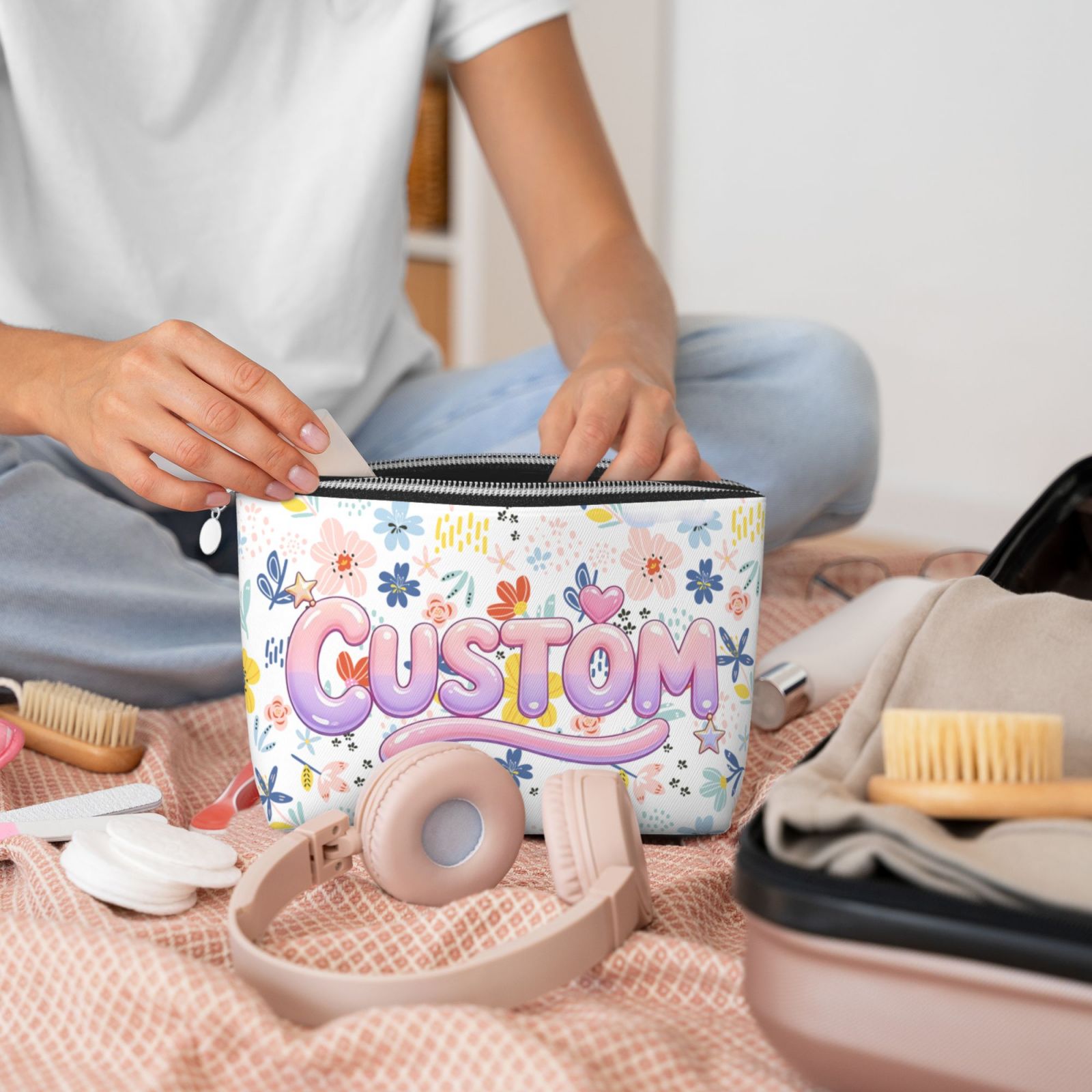 Leather Makeup Brush Bag with Zipper, Portable Travel Cosmetic Organizer Case