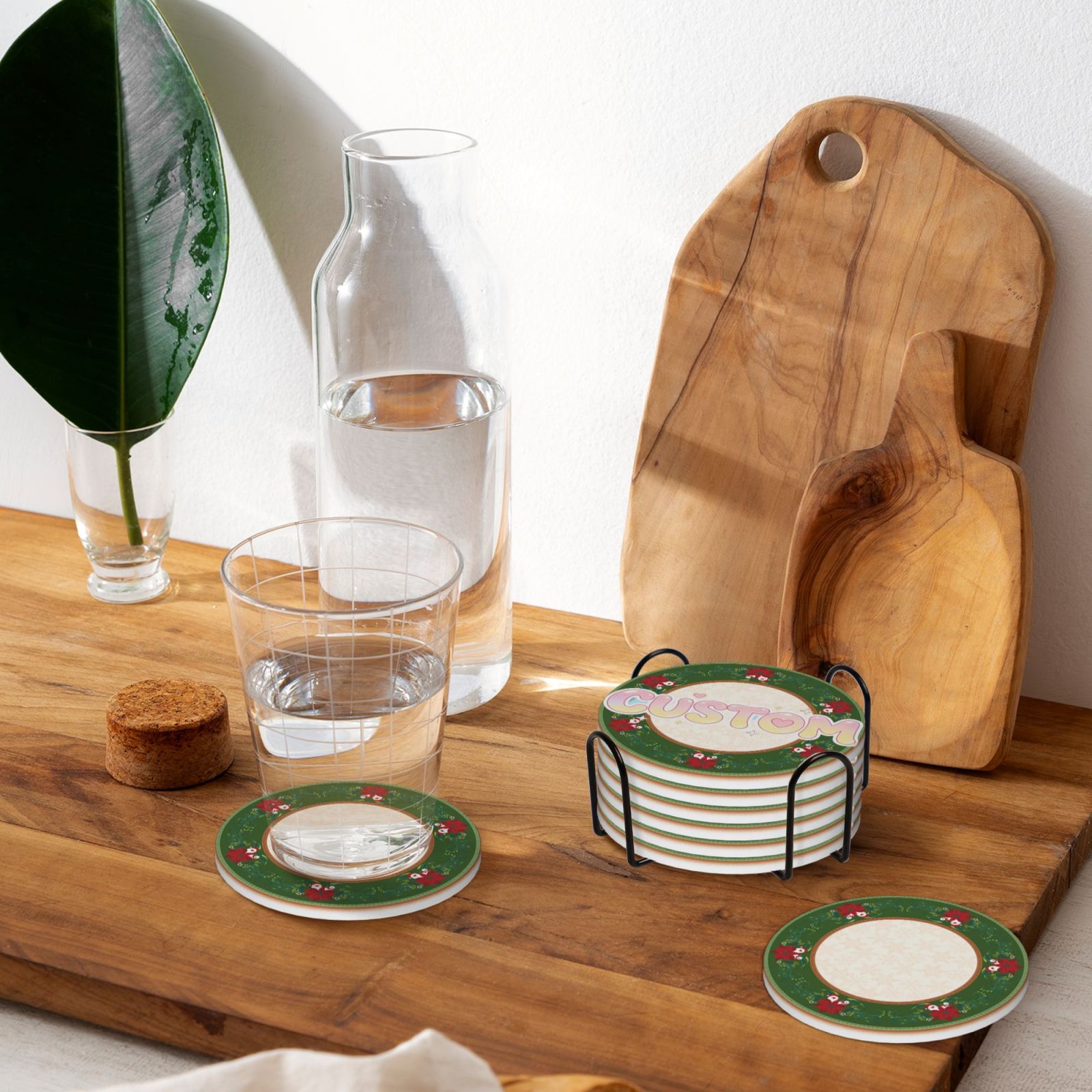 Coasters Set of 6 -  Ceramic With Holder and Cork Base for Women Men, Various Cups, Tables & Home Decor