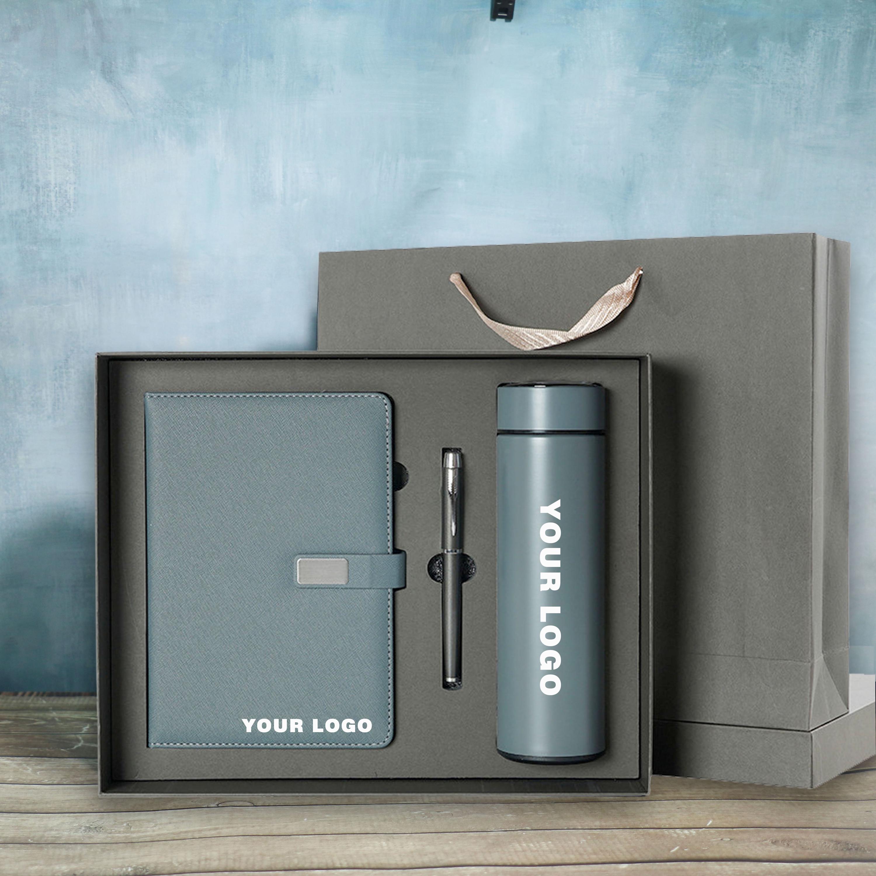 Custom Business Logo Notebook Gift Set – Personalized Corporate Journal, Pen & Thermos in Premium Gift Box | Employee Client Company Gifts