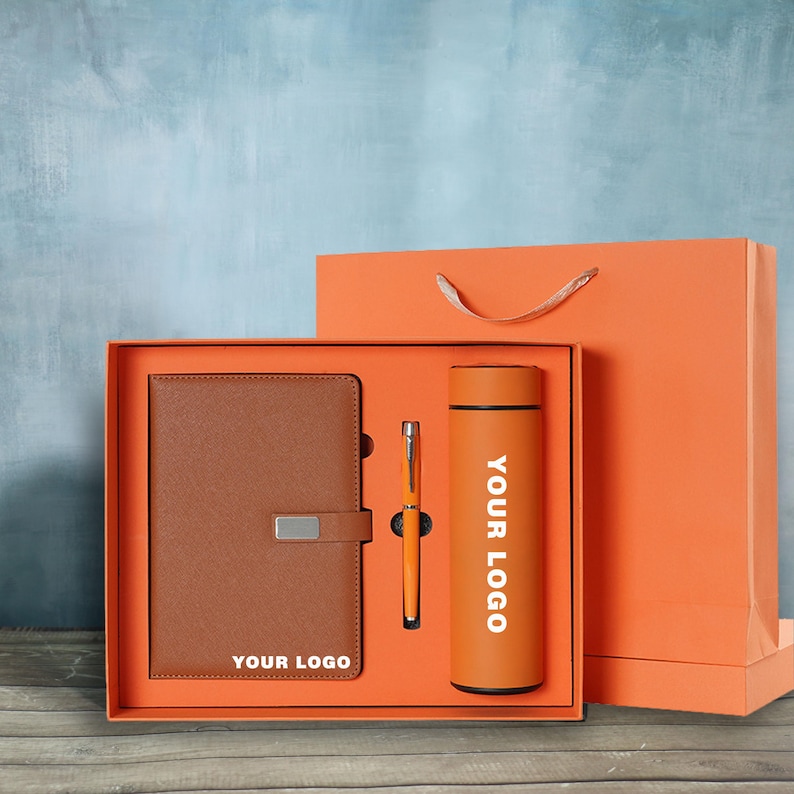 Custom Business Logo Notebook Gift Set – Personalized Corporate Journal, Pen & Thermos in Premium Gift Box | Employee Client Company Gifts