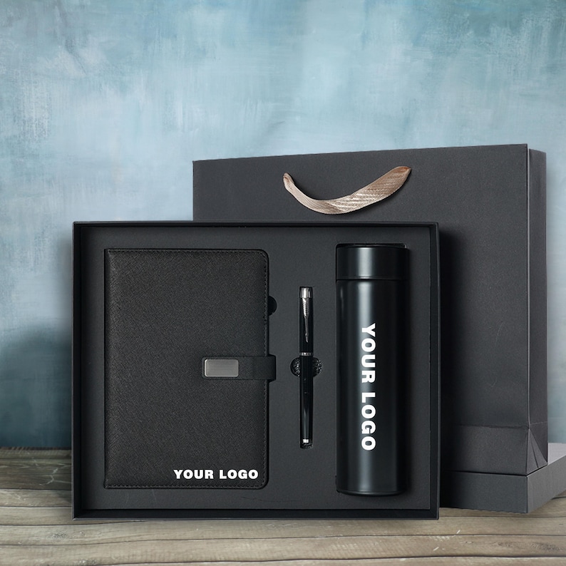 Custom Business Logo Notebook Gift Set – Personalized Corporate Journal, Pen & Thermos in Premium Gift Box | Employee Client Company Gifts
