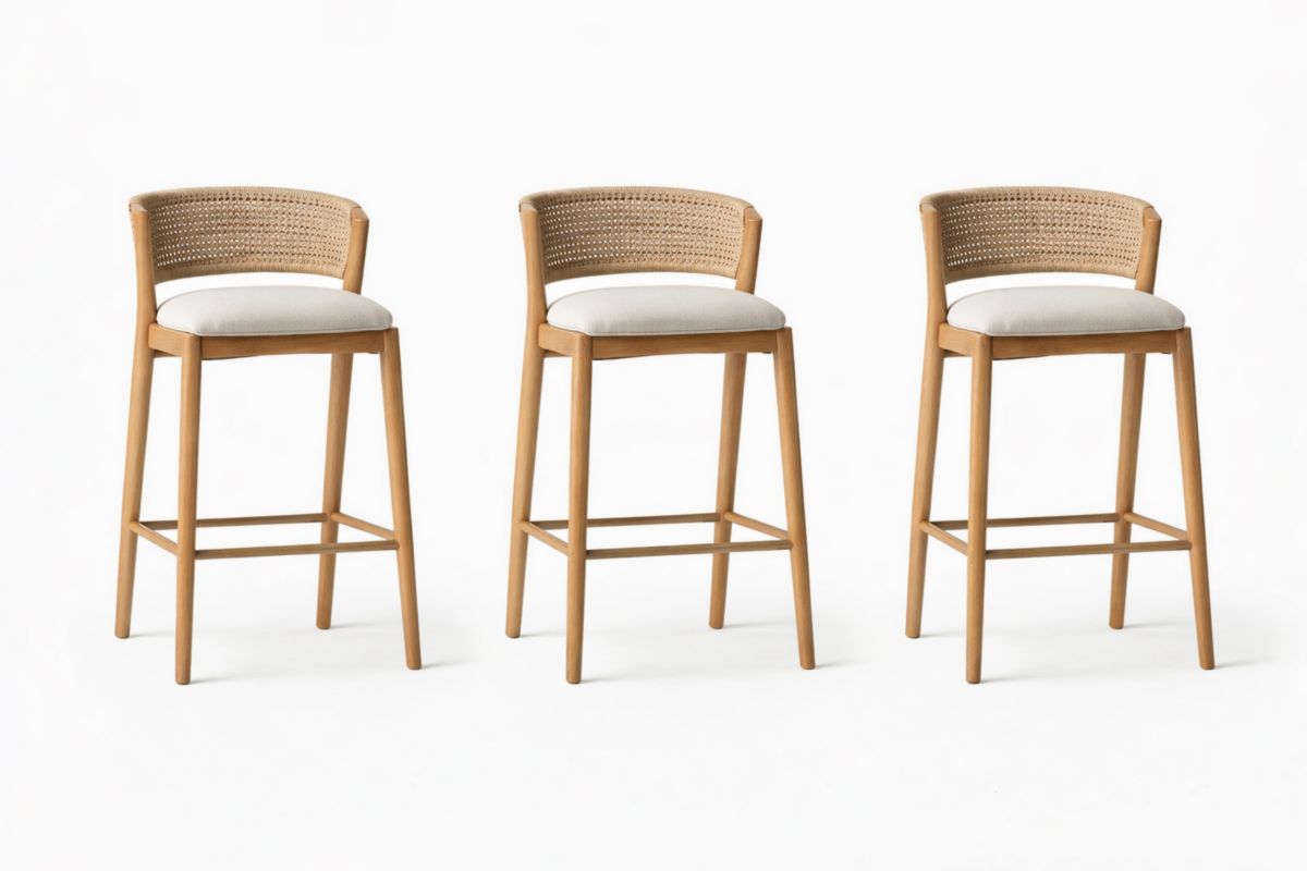 Set di 3 sgabelli in legno con schienale in rattan e seduta in tessuto-Finevaro