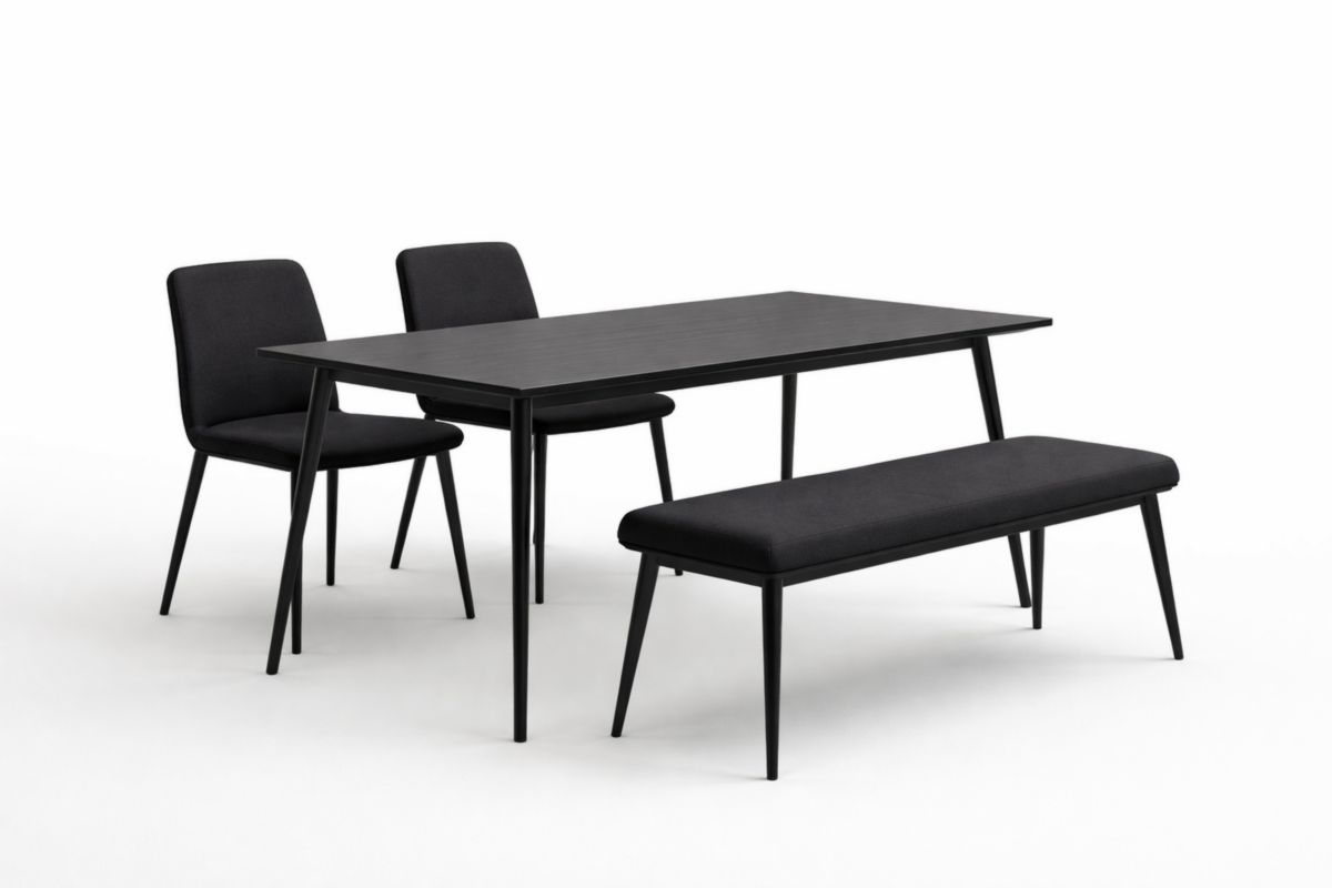 Set da Pranzo Tavolo Rettangolare con Panchina e 2 Sedie in Tessuto Nero-Finevaro