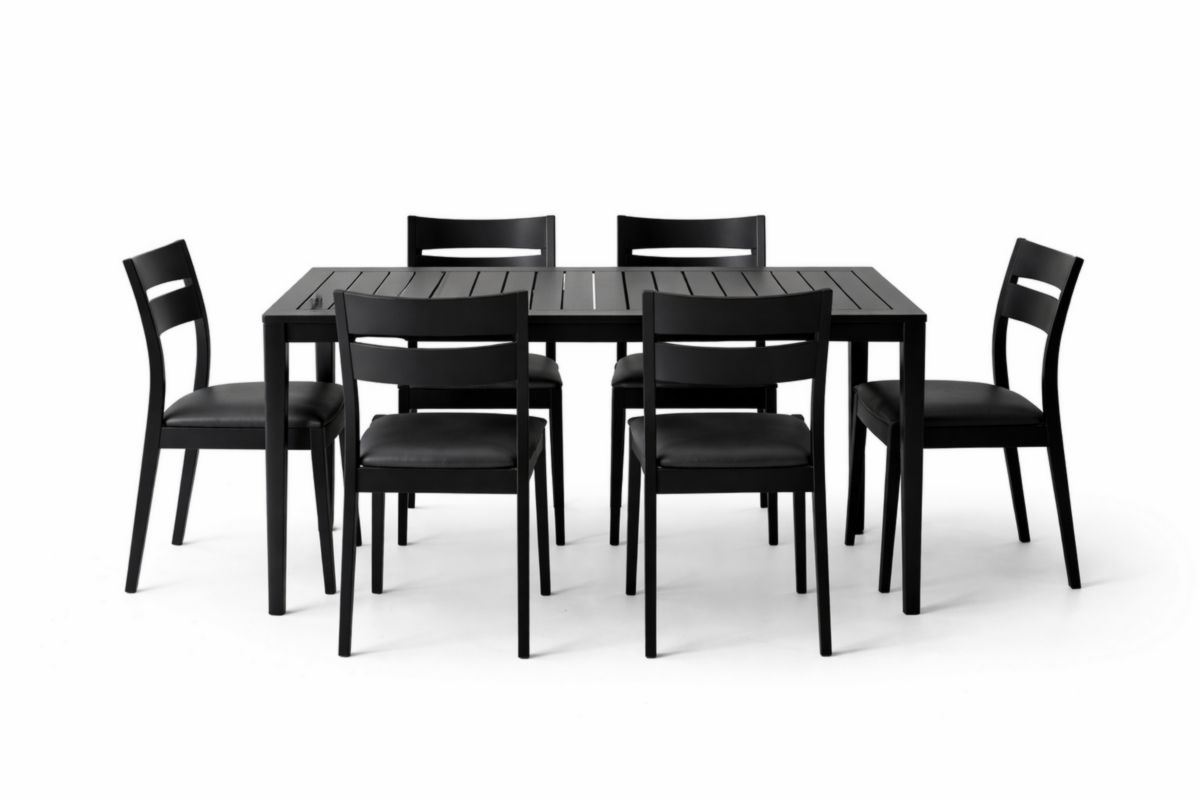 Set tavolo con 6 sedie metallo e pelle sintetica nero-Finevaro