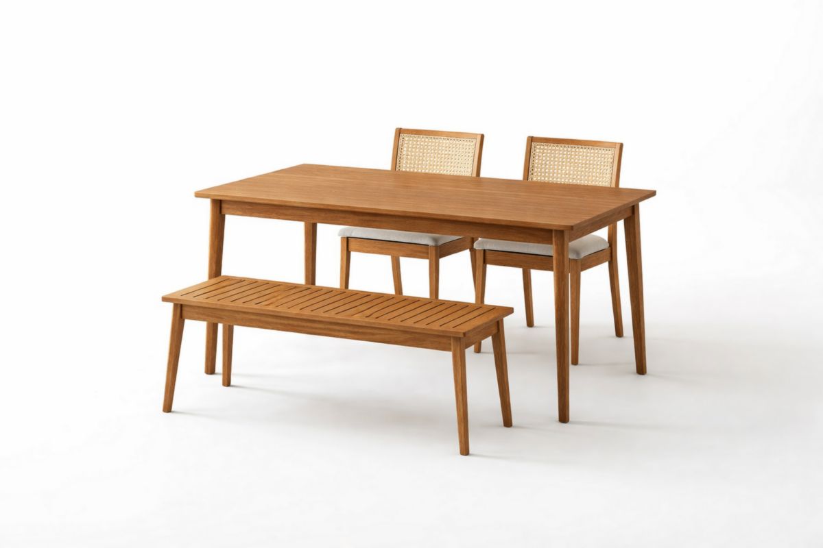 Set tavolo da pranzo in legno massello con sedie e panca-Finevaro