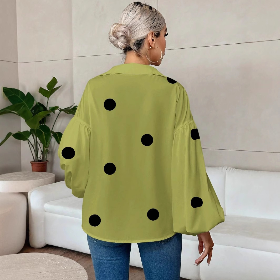 Women’s Vintage Polka Dot V Neck Blouse, Loose Puff Long Sleeve Collared Shirt, Casual Oversized Top for Daily Holiday