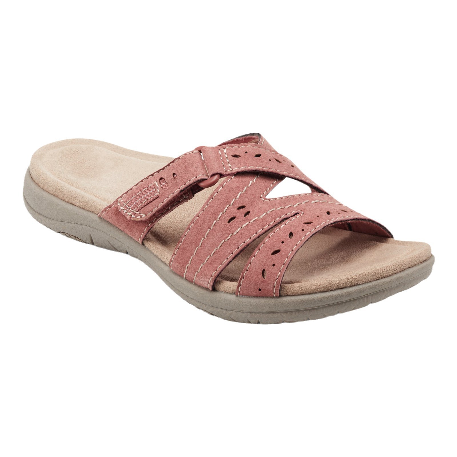 Orthopedic Suede Slide Sandals - Perforated Cutout & Velcro Closure
