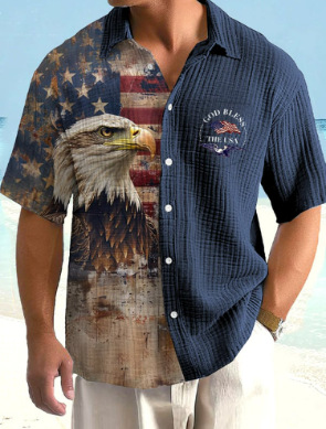 Men's Vintage Independence Day Flag Print Casual Shirt (With Pockets)