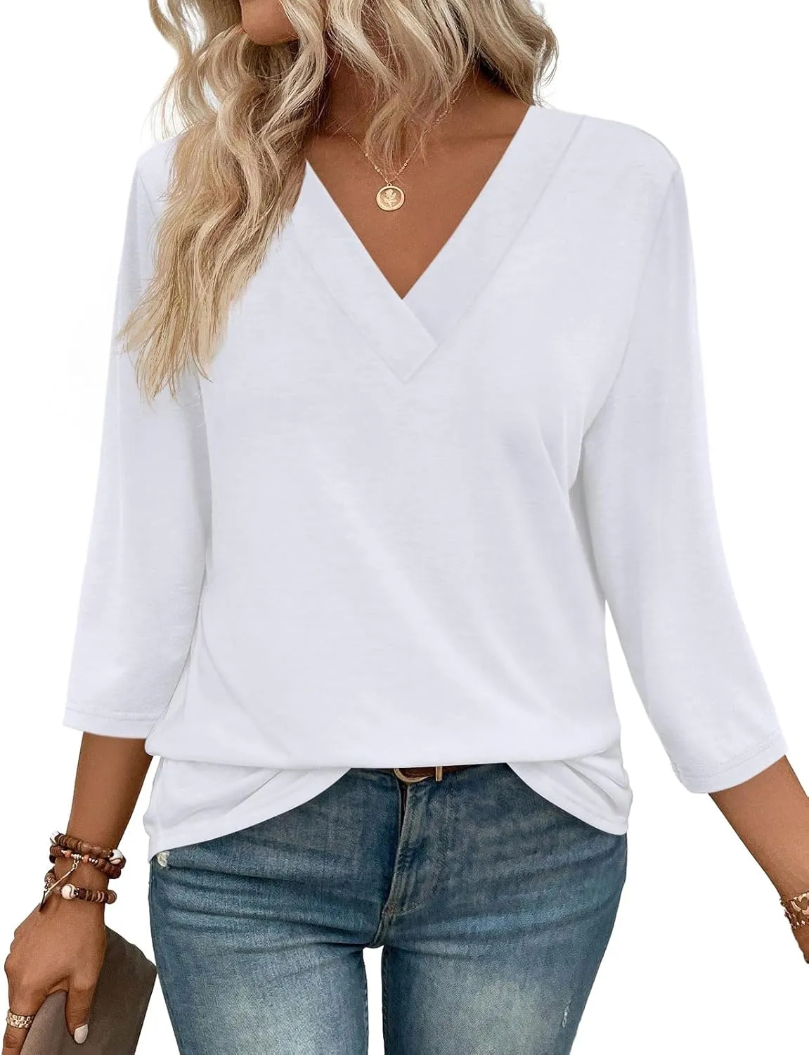 Women's V Neck 3/4 Long Sleeve Loose Fit Tops