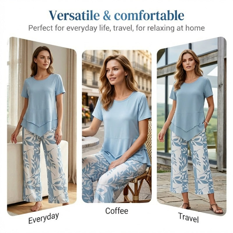 Casual Round Neck Layered Tunic Top and Wide Leg Pants Set
