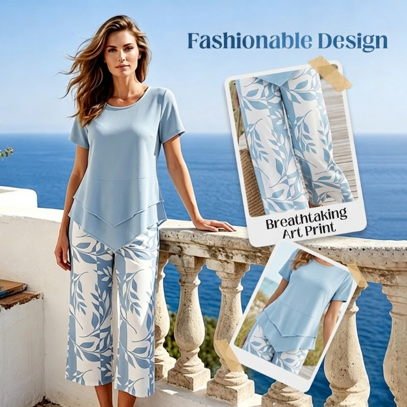 Casual Round Neck Layered Tunic Top and Wide Leg Pants Set