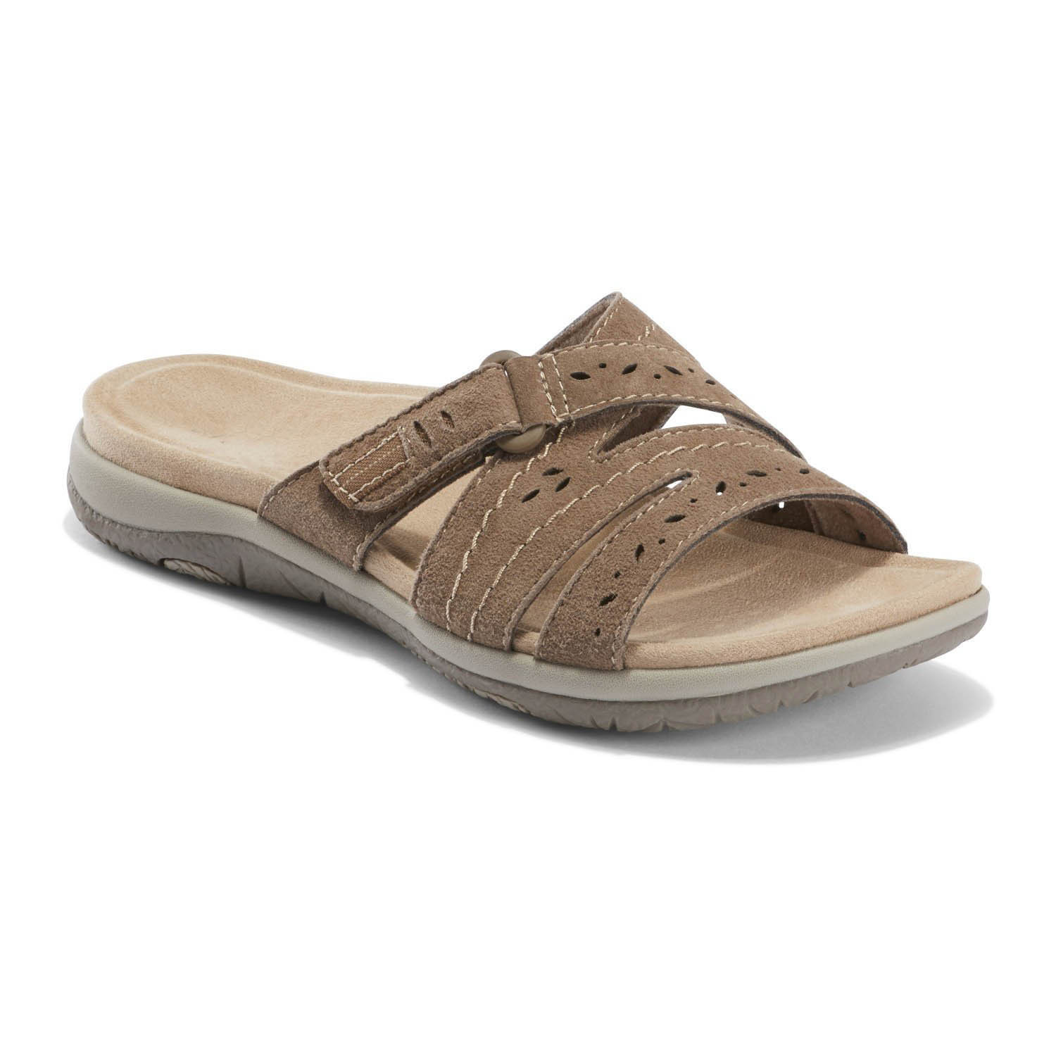 Orthopedic Suede Slide Sandals - Perforated Cutout & Velcro Closure